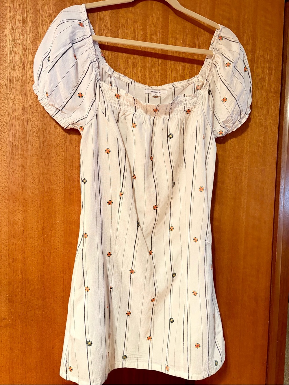 O'Neill White Striped Puff-Sleeve Embroidered Sundress
